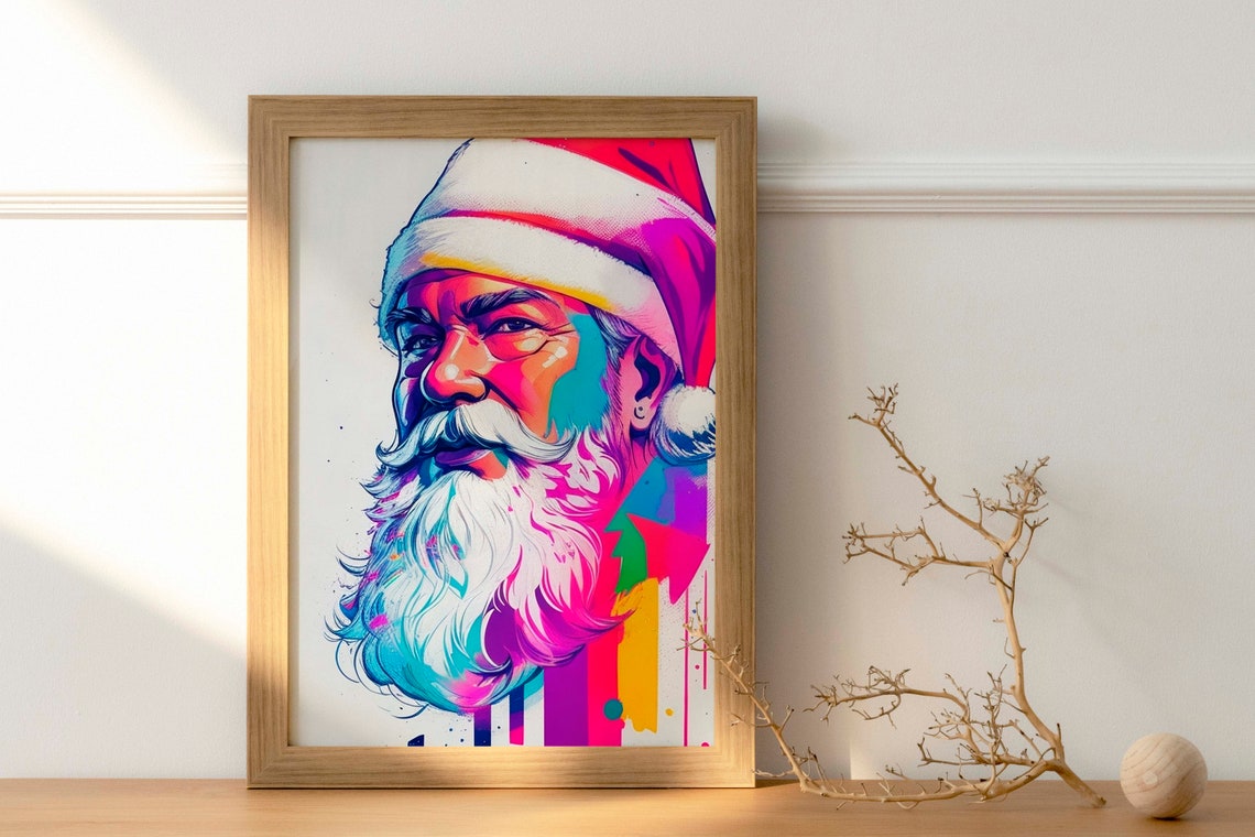 Neon Watercolor Santa Claus Portrait Pink Teal Paint Drips Poster