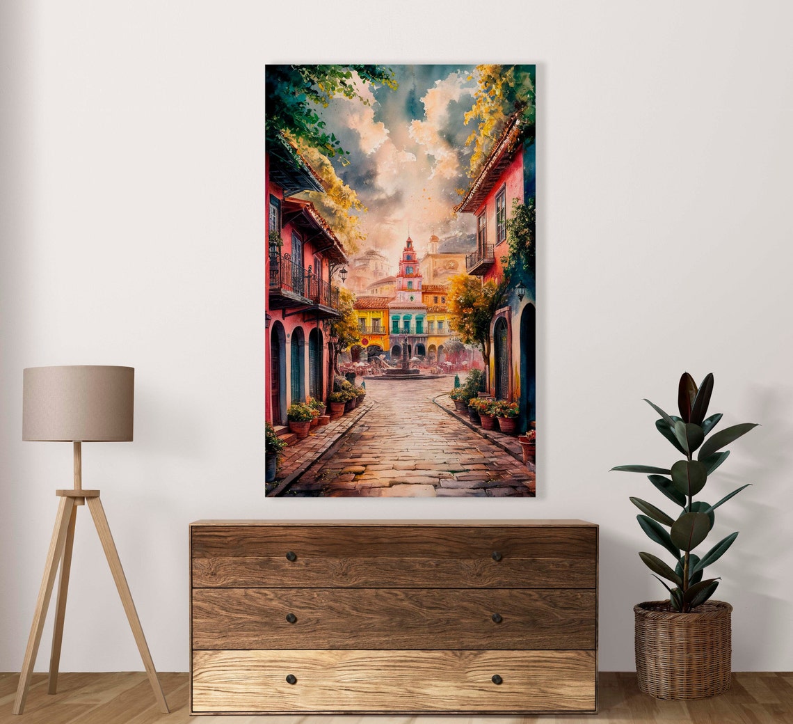 Colorful Colonial Street With Cobblestones Watercolor Town Poster