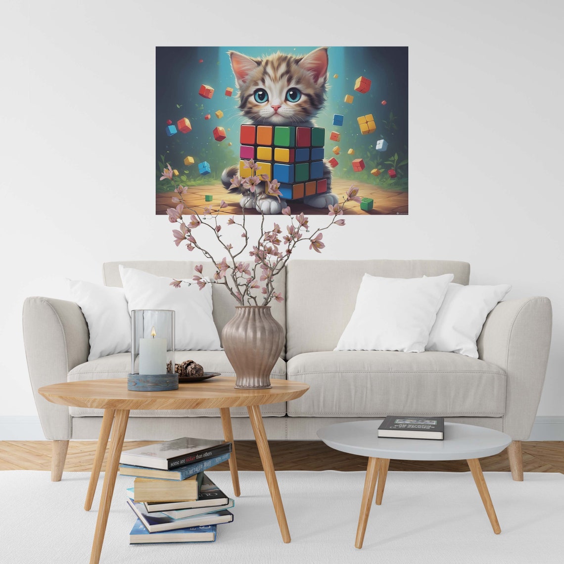 Blue Eyed Cartoon Kitten Holding Rubiks Cube Explosion Poster - Image 2
