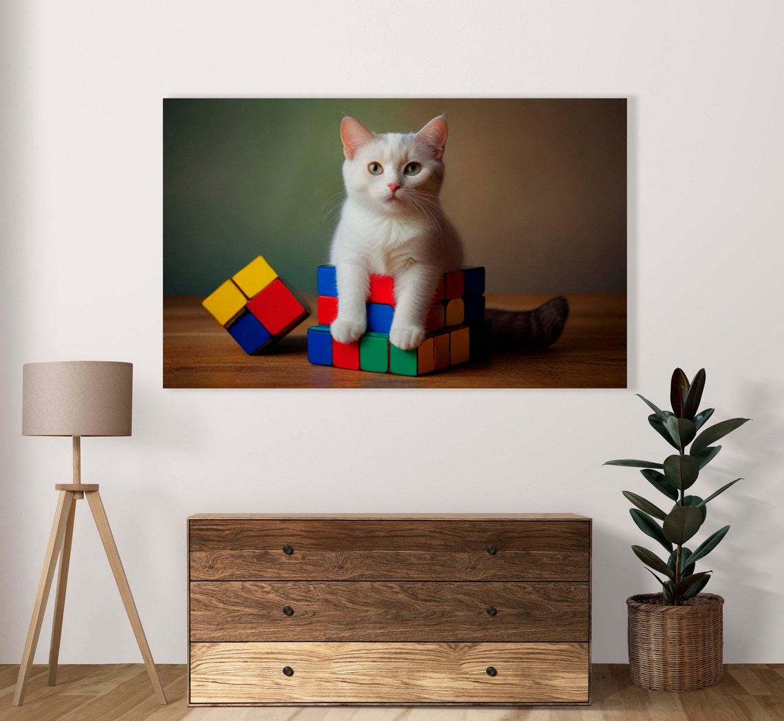 White Kitten Holding Rubik's Cube Blocks Cute Cat Photo Poster