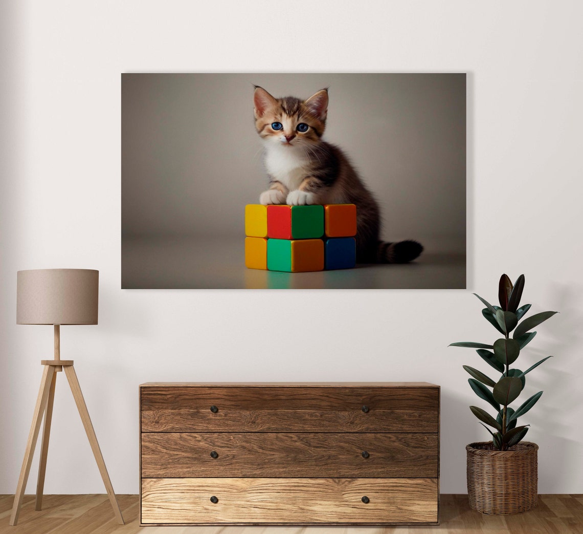 Adorable Tabby Kitten Sitting Atop Bright Stacked Color Blocks Poster