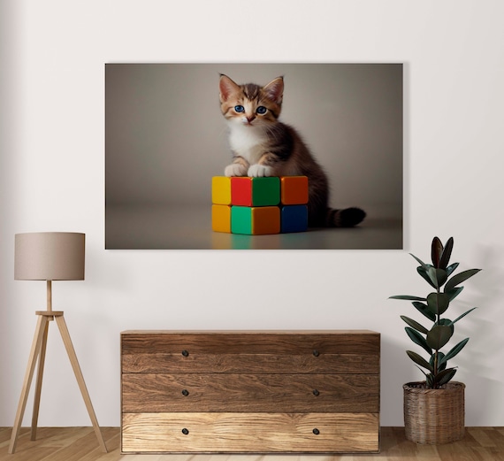 Adorable Tabby Kitten Sitting Atop Bright Stacked Color Blocks Poster