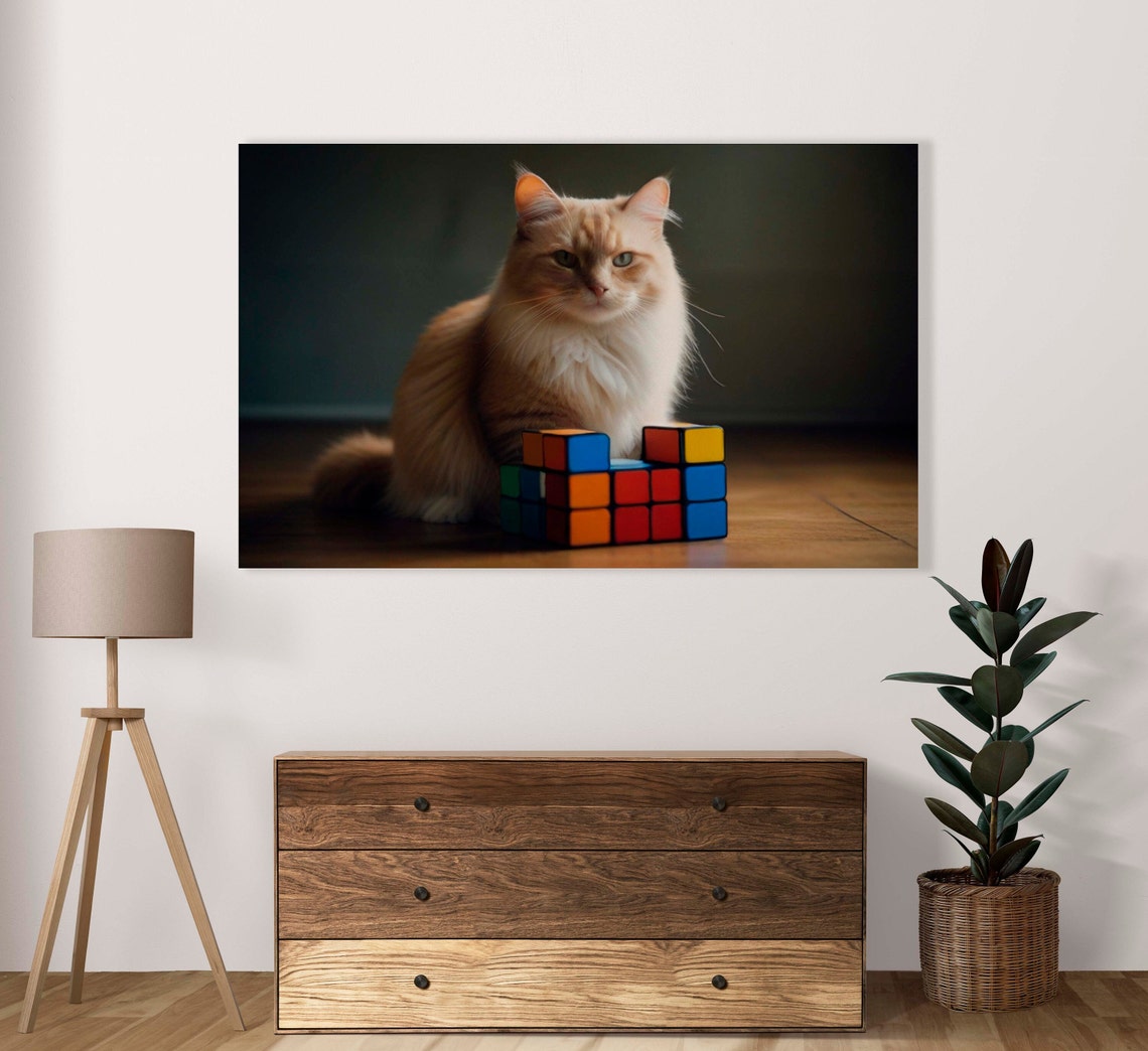 Cream Longhair Cat By Rubik Cube Blocks Moody Photo Art Poster