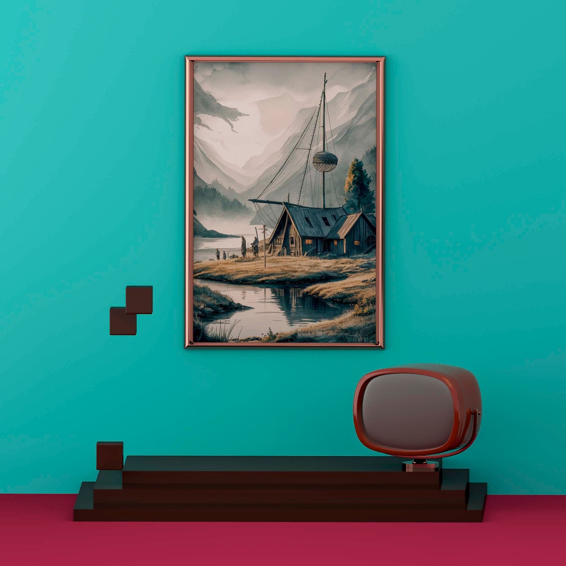 Lakeside Viking House Flying a Flag Watercolor Landscape Poster - Image 2
