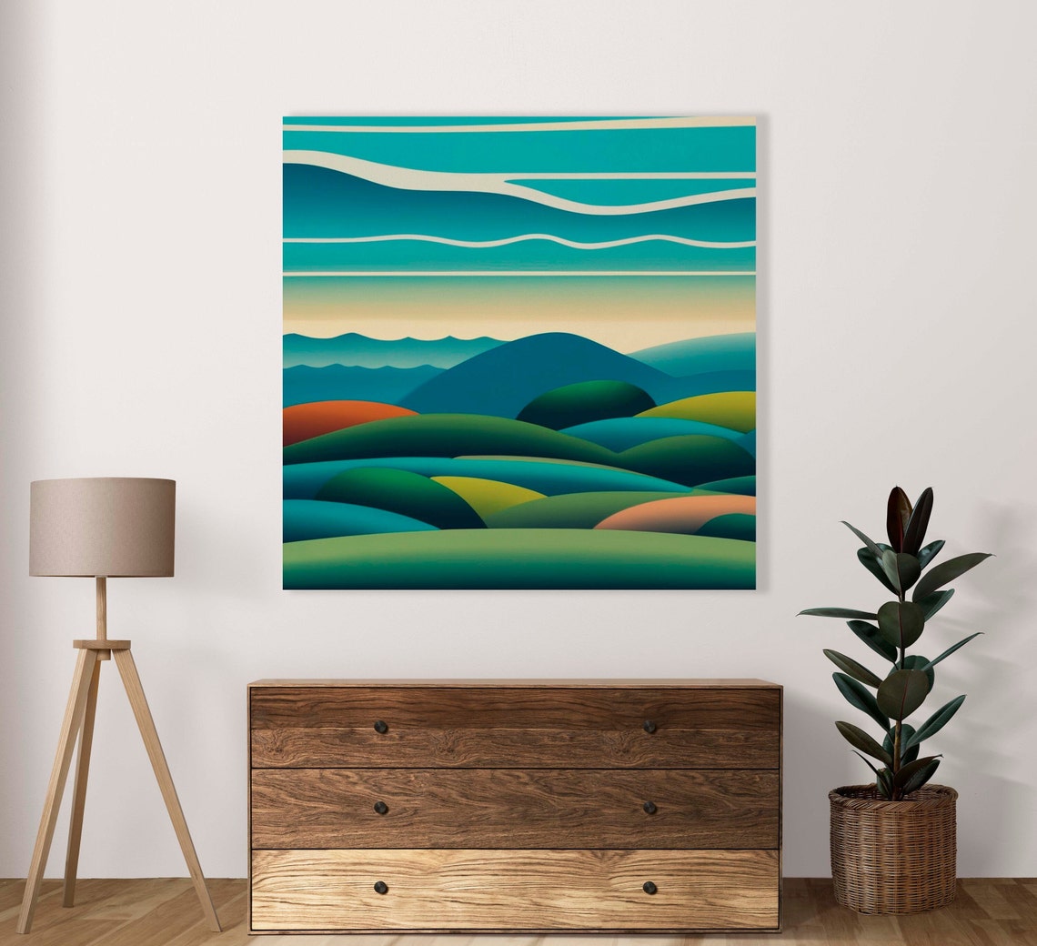 Abstract Geometric Rolling Forest Hills in Teal and Green Poster
