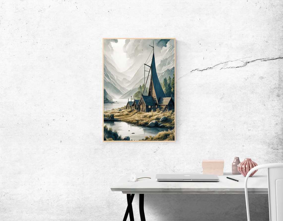 Rustic Lakeside Chapel With Tall Dark Spire Watercolor Poster - Image 2