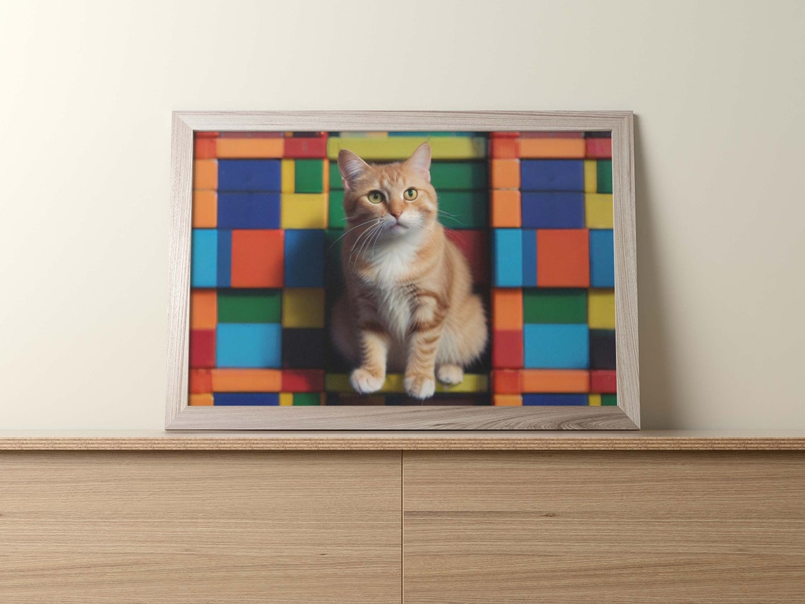Green Eyed Orange Kitten Before Colorful Cube Block Wall Poster - Image 2