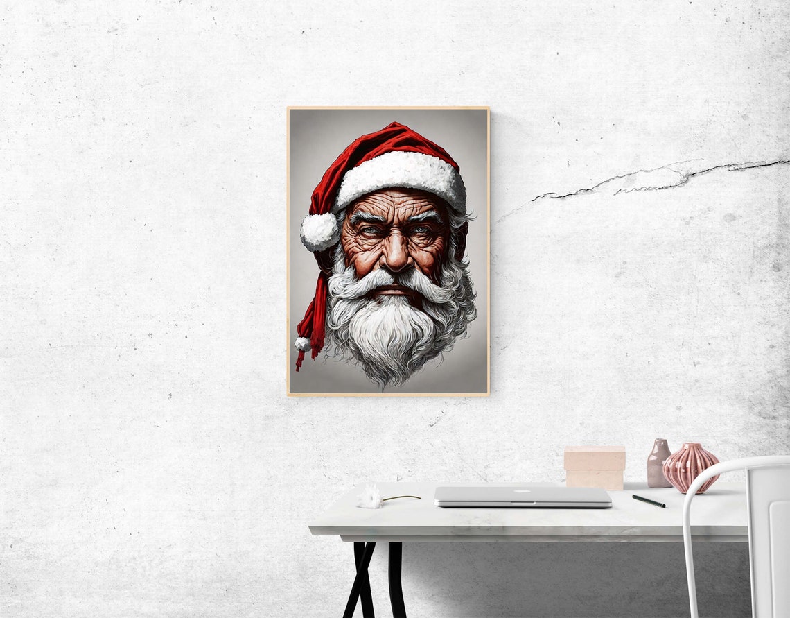 Weathered Serious Santa Claus Sketch Portrait Christmas Art Poster - Image 2