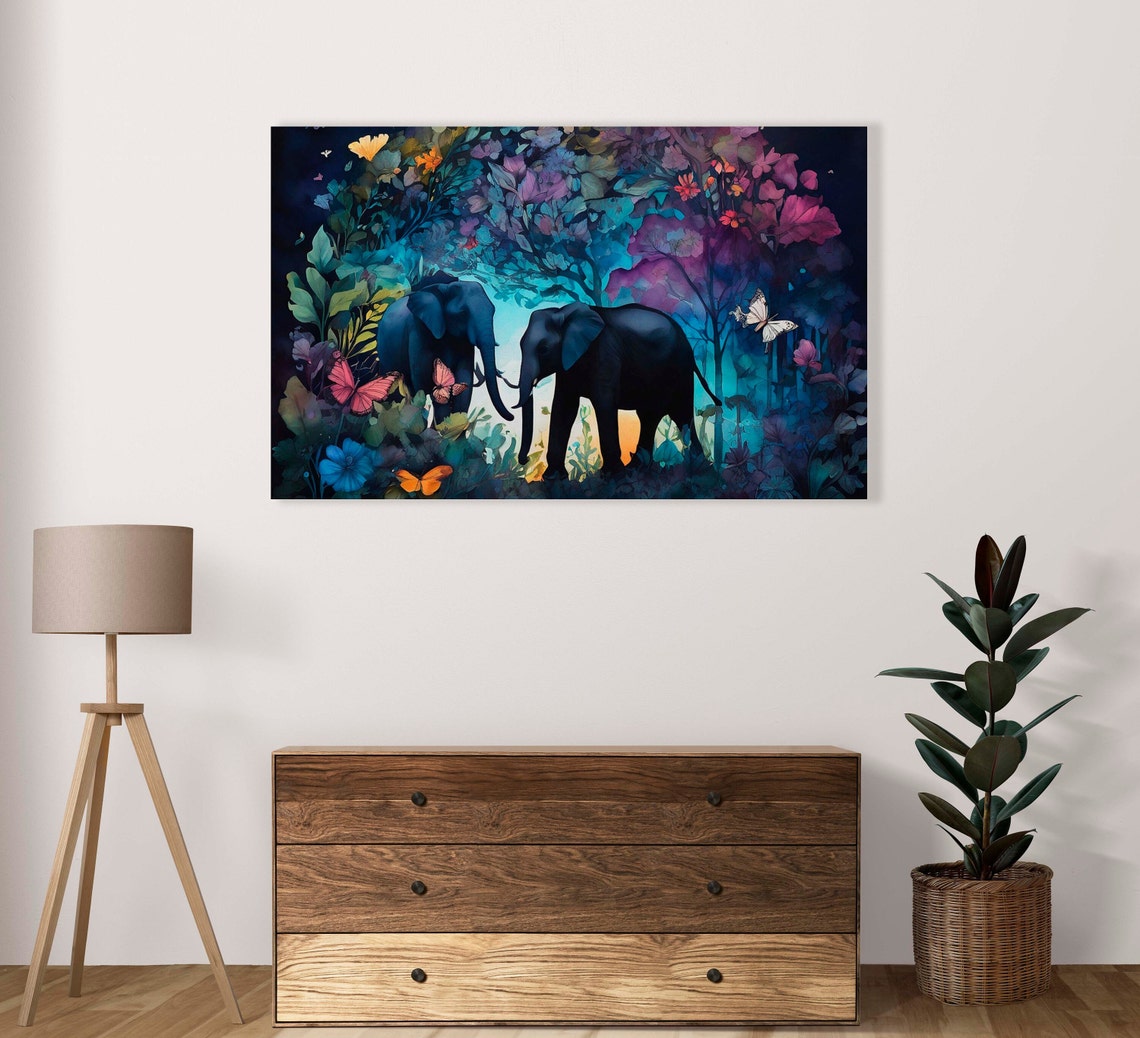 Two Elephants In A Floral Night Forest With Butterflies Poster