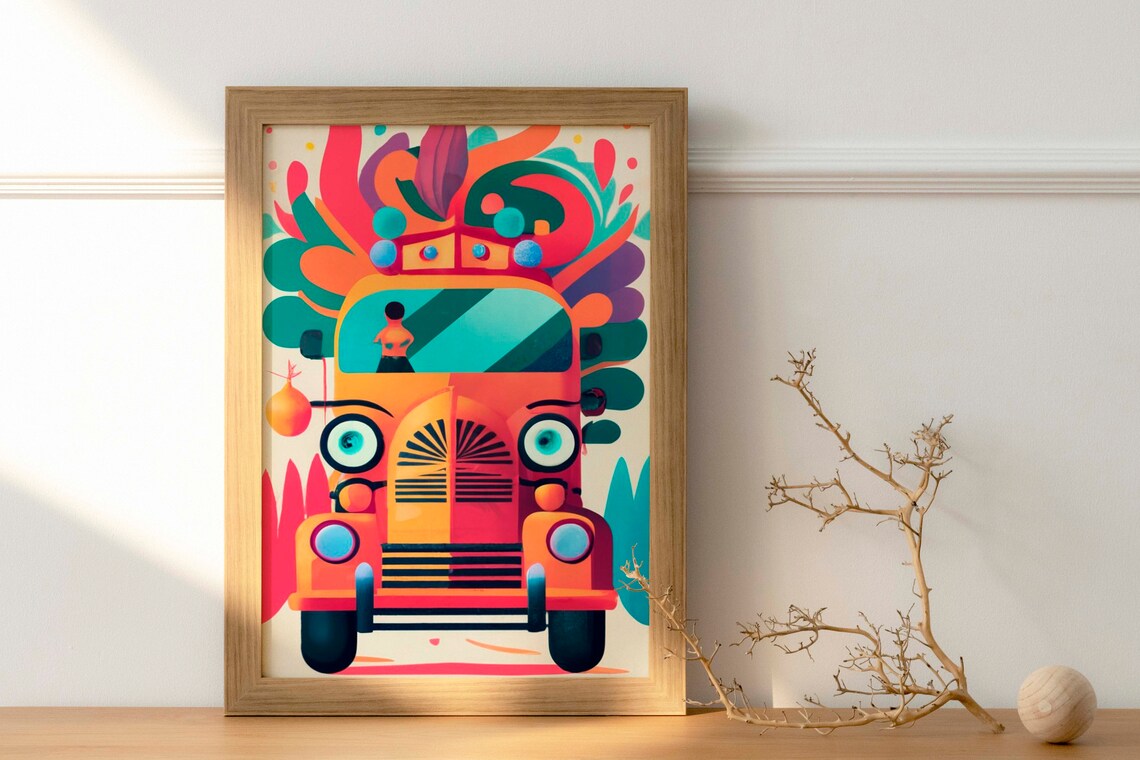 Front View Of A Cheerful Cartoon Fire Truck Kids Room Poster - Image 2