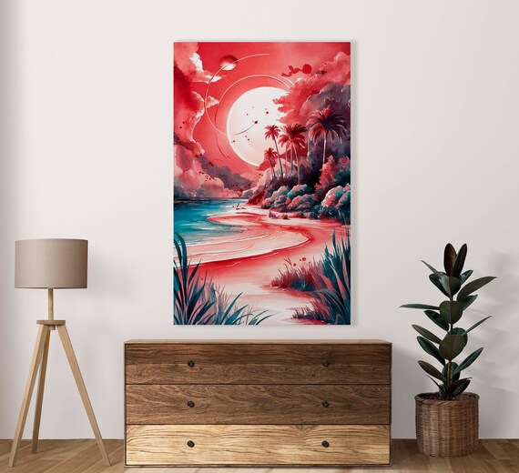 Red Sunset Beach With Palm Trees And White Moon Watercolor Poster