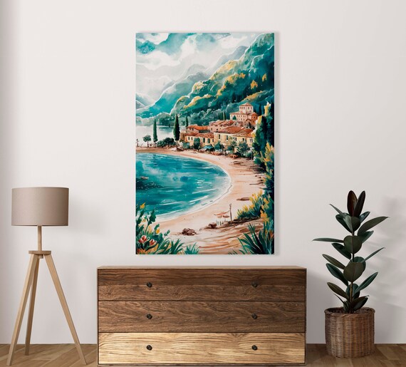 Charming Small Seaside Village Beach Watercolor Coastal Poster